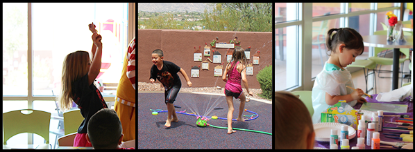 kids montage of three images of two kids playing in sprinklers one child painting and one child dancing